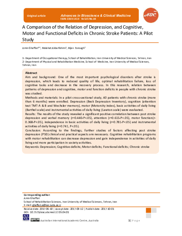 (PDF) A Comparison of the Relation of Depression, and Cognitive, Motor ...