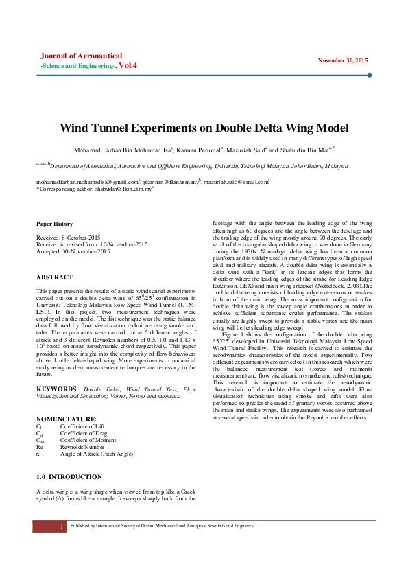 (PDF) Wind Tunnel Experiments on Double Delta Wing Model