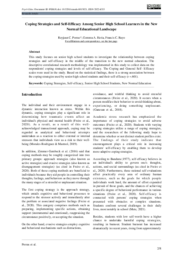 (PDF) Coping Strategies and Self-Efficacy Among Senior High School ...