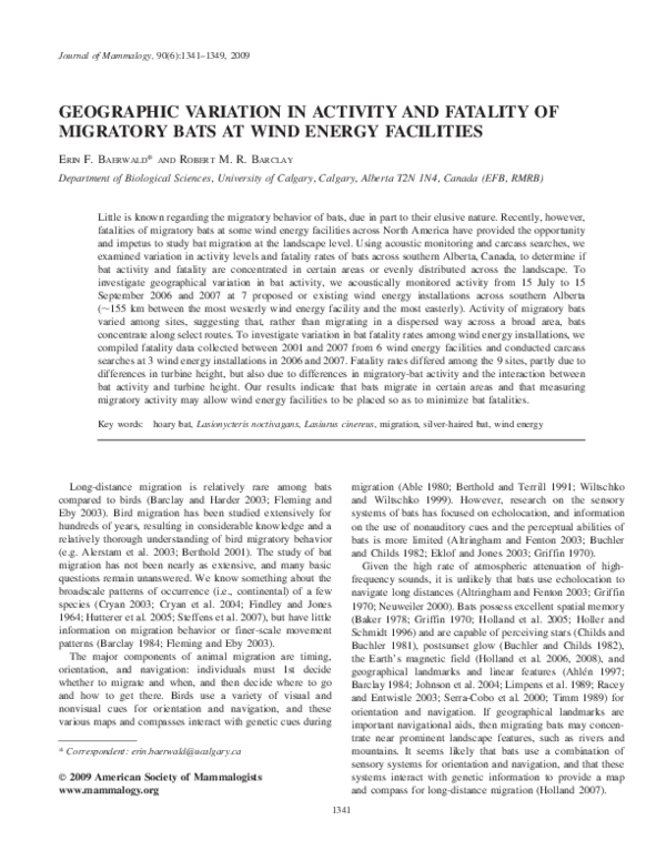 (PDF) GEOGRAPHIC VARIATION IN ACTIVITY AND FATALITY OF MIGRATORY BATS ...