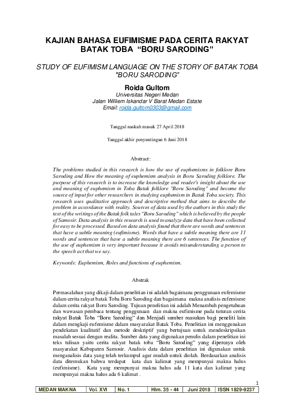 (PDF) Kajian Bahasa Eufimisme Pada Cerita Rakyat Batak Toba “Boru Saroding”