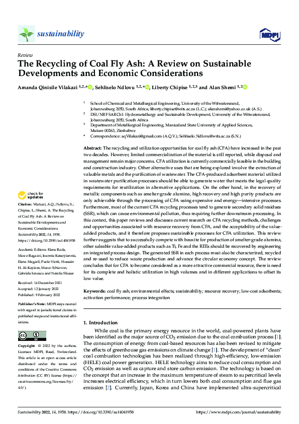 (PDF) The Recycling of Coal Fly Ash: A Review on Sustainable ...