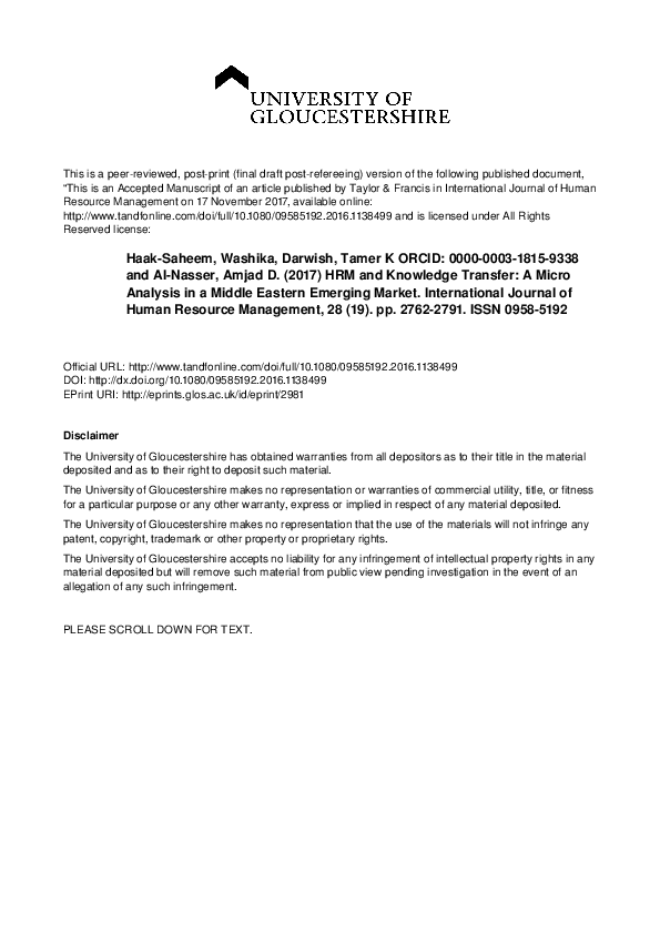 (PDF) HRM and knowledge-transfer: a micro analysis in a Middle Eastern ...