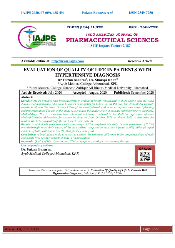 (PDF) Evaluation of Quality of Life in Patients with Hypertensive Diagnosis