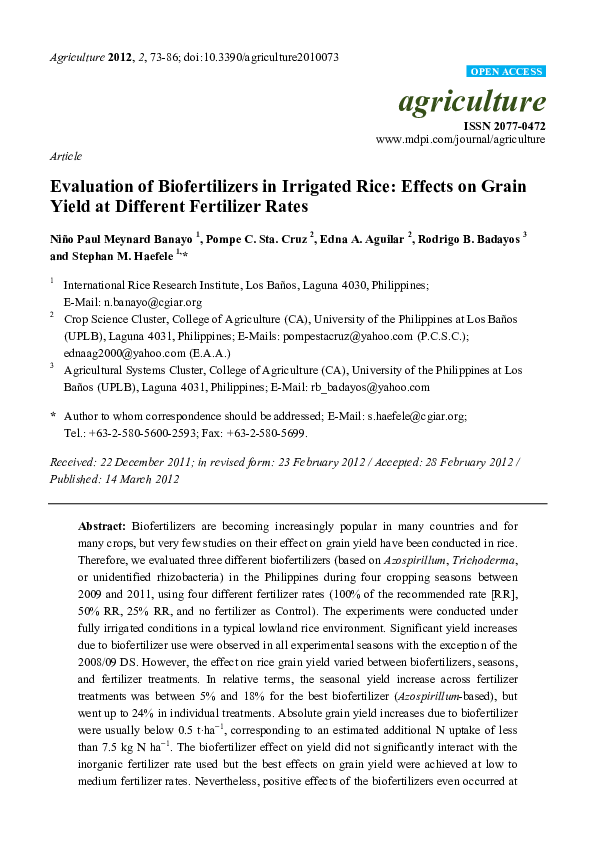 (PDF) Evaluation of Biofertilizers in Irrigated Rice: Effects on Grain ...
