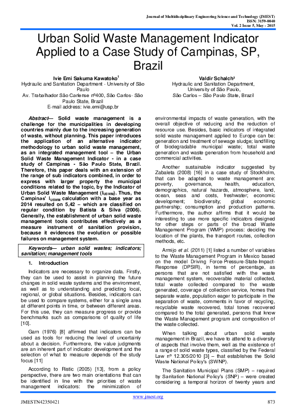 (PDF) Urban Solid Waste Management Indicator Applied to a Case Study of ...