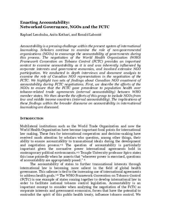 (PDF) Accountability in Network Governance: NGOs and the FCTC
