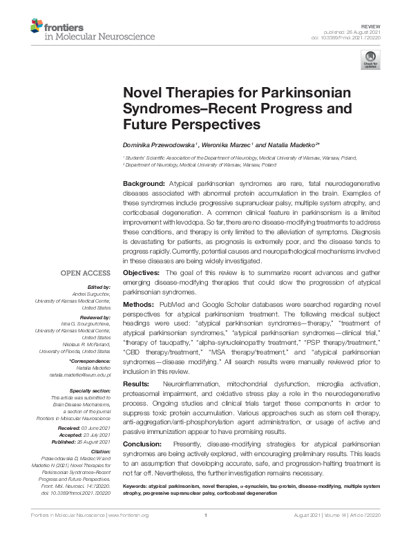 (PDF) Novel Therapies for Parkinsonian Syndromes–Recent Progress and ...