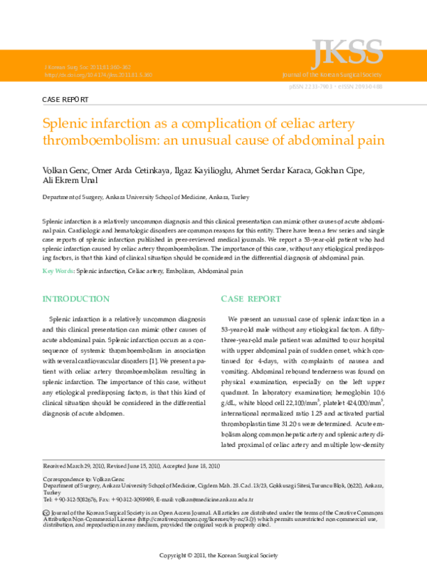 (PDF) Splenic infarction as a complication of celiac artery ...