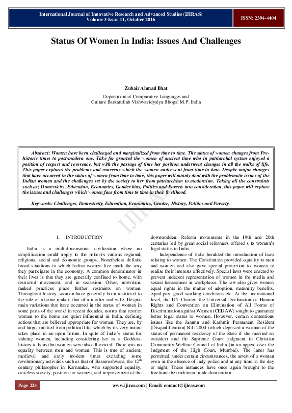 (PDF) Status Of Women In India: Issues And Challenges