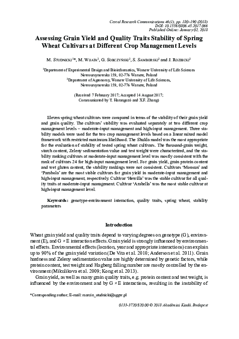 (PDF) Assessing grain yield and quality traits stability of spring ...