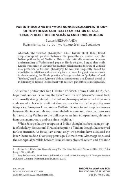 Panentheism and the "Most Nonsensical Superstition" of Polytheism: A Critical Examination of K.C.F. Krause's Reception of Vedānta and Hindu Religion (European Journal for Philosophy of Religion, 2022)