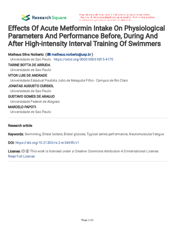 (PDF) Effects Of Acute Metformin Intake On Physiological Parameters And ...