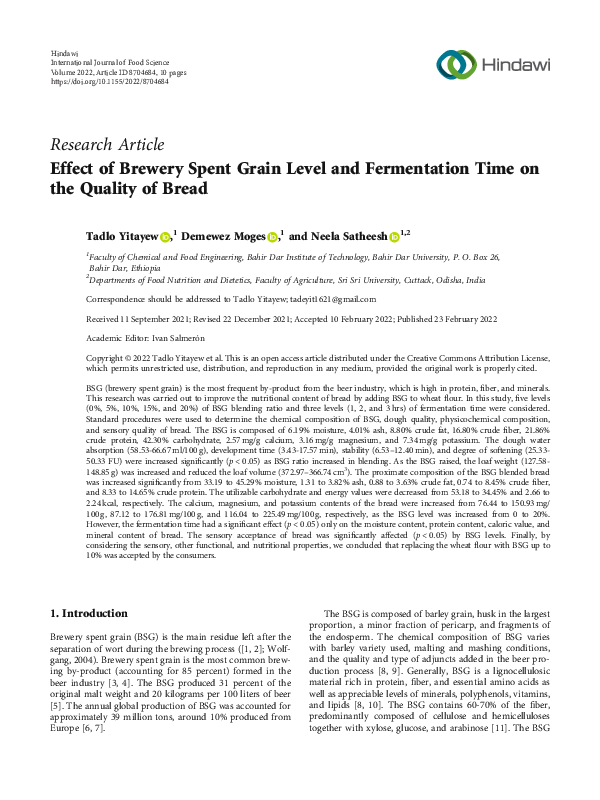 (PDF) Effect of Brewery Spent Grain Level and Fermentation Time on the ...