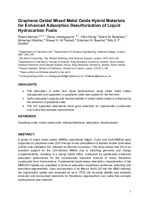 (PDF) Graphene oxide/mixed metal oxide hybrid materials for enhanced ...