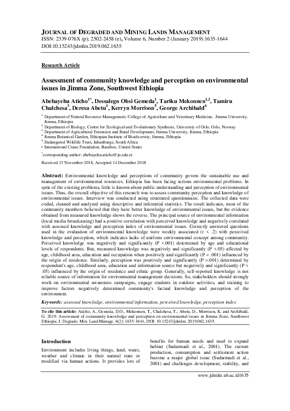 (PDF) Assessment of community knowledge and perception on environmental ...