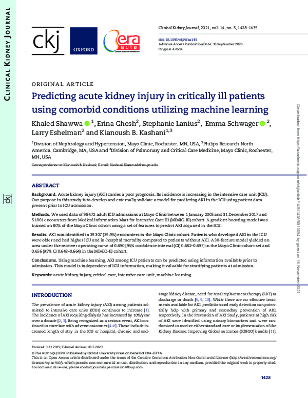 (PDF) Predicting acute kidney injury in critically ill patients using ...
