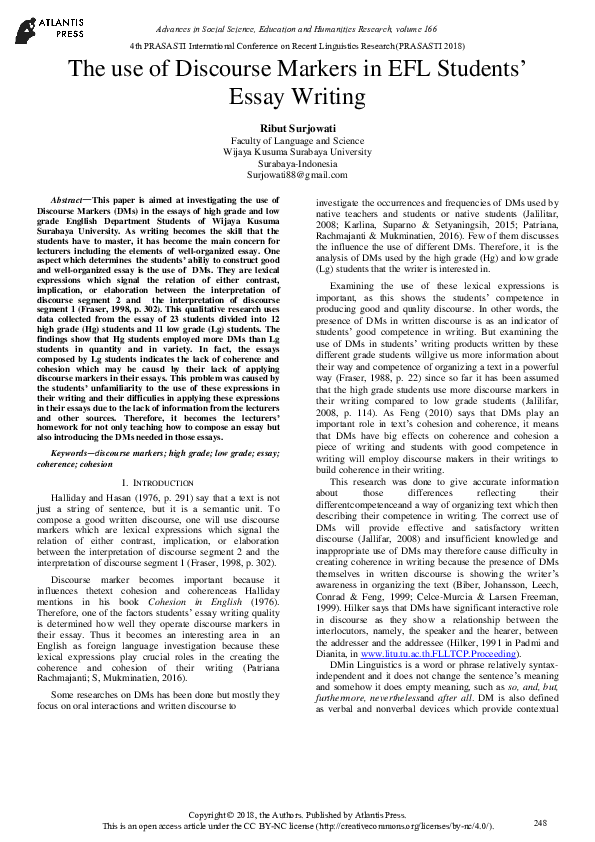 (PDF) The Use of Discourse Markers in EFL Students' Essay Writing
