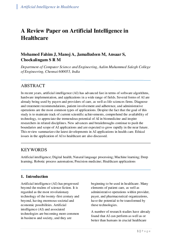 (PDF) A Review Paper on Artificial Intelligence in Healthcare