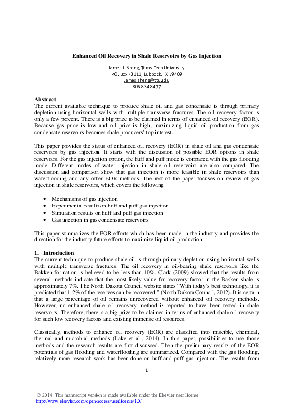 (PDF) Enhanced oil recovery in shale reservoirs by gas injection