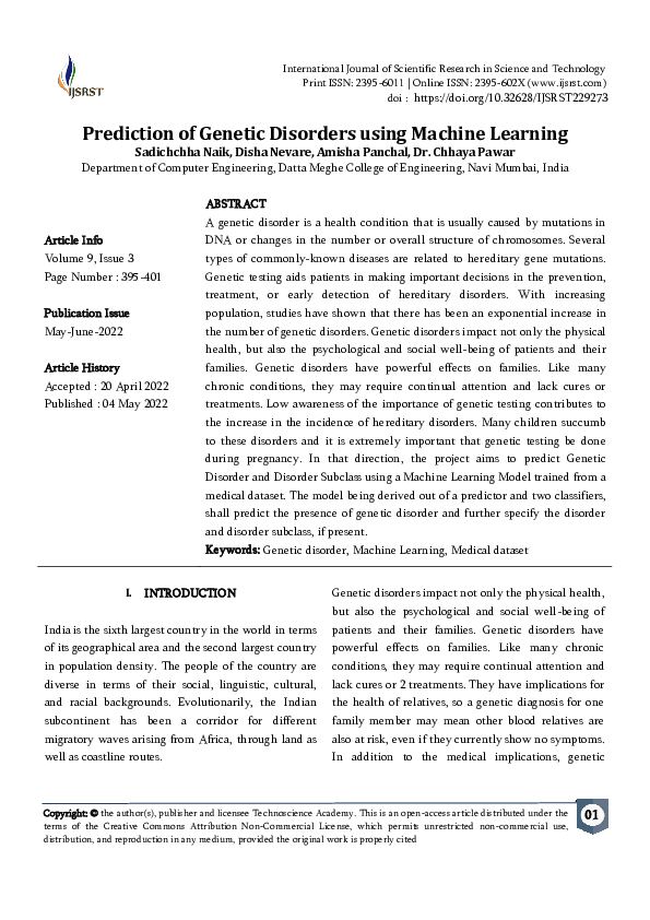 (PDF) Prediction of Genetic Disorders using Machine Learning