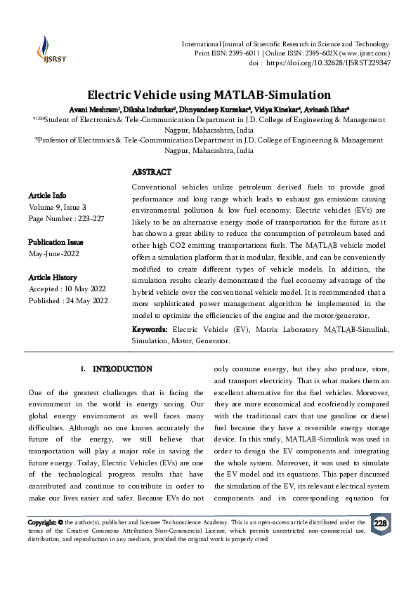 (PDF) Electric Vehicle using MATLAB-Simulation