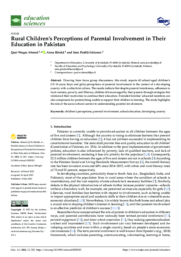 (PDF) Rural Children’s Perceptions of Parental Involvement in Their ...