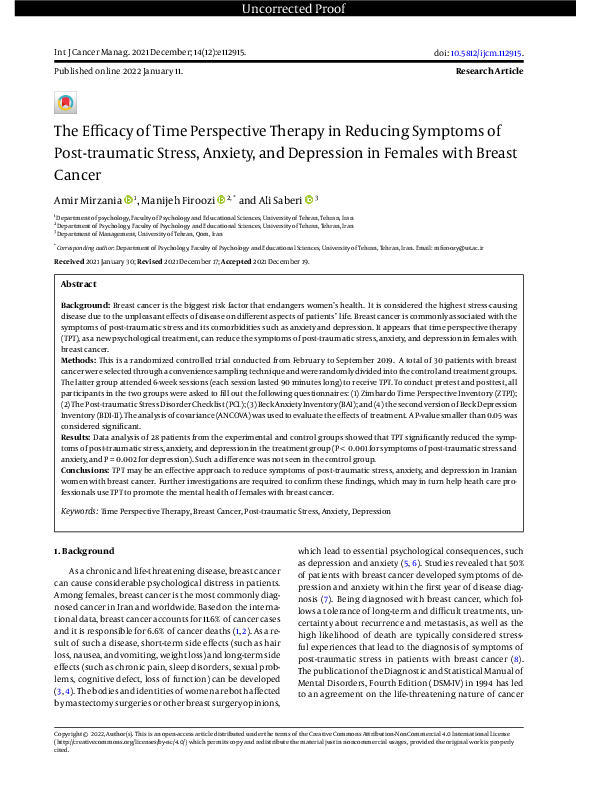 (PDF) The Efficacy of Time Perspective Therapy in Reducing Symptoms of ...