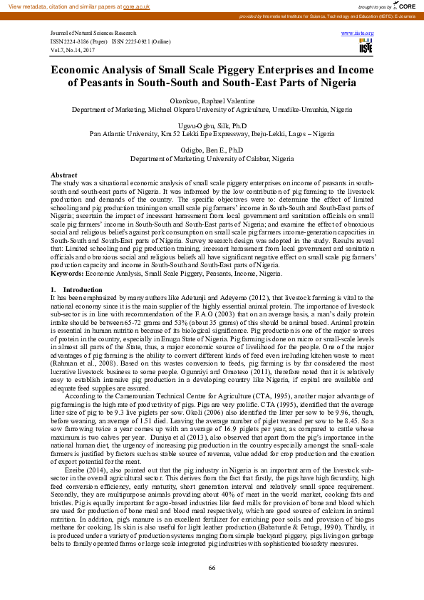  PDF Economic Analysis Of Small Scale Piggery Enterprises And Income