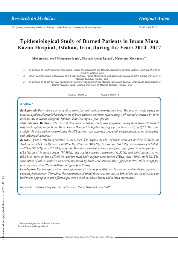Epidemiological Study of Burned Patients in Imam Musa Kazim Hospital, Isfahan, Iran, during the Years 2014 -2017