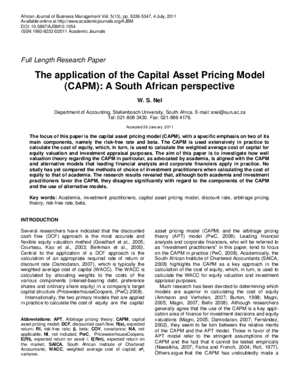 (PDF) The Application of the capital asset pricing model (CAPM): A ...