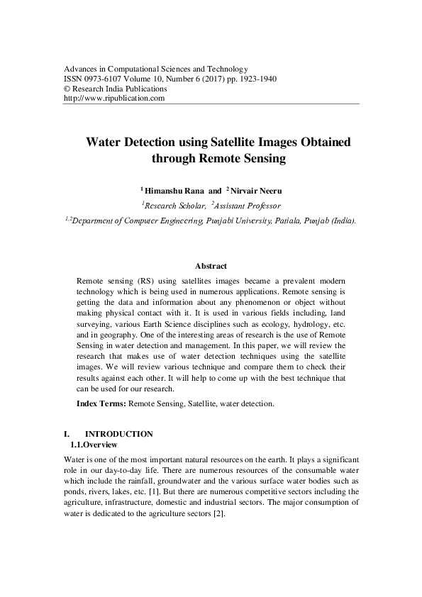(PDF) Water Detection using Satellite Images Obtained through Remote