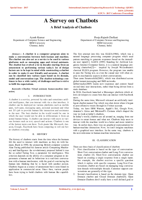 (PDF) A Survey on Chatbots