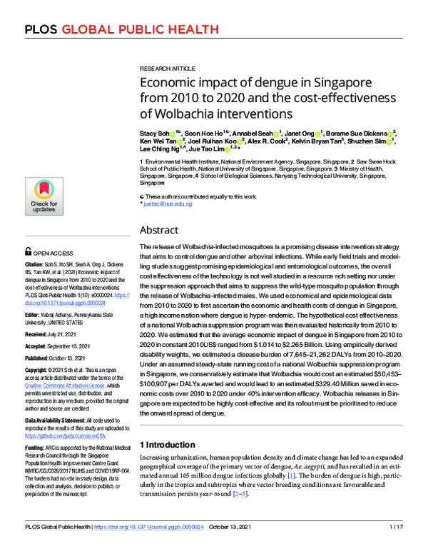 (PDF) Economic impact of dengue in Singapore from 2010 to 2020 and the ...