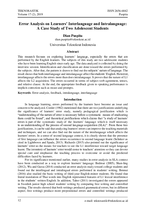 (PDF) Error Analysis on Learners’ Interlanguage and Intralanguage: A ...