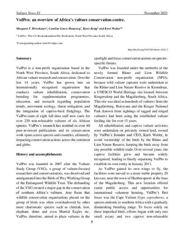 (PDF) VulPro: an overview of Africa’s vulture conservation centre