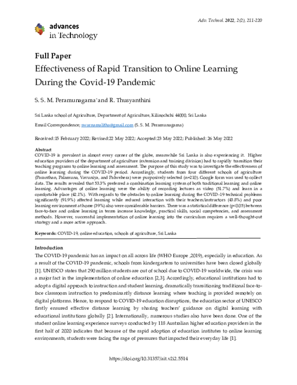 (PDF) Effectiveness of Rapid Transition to Online Learning During the ...