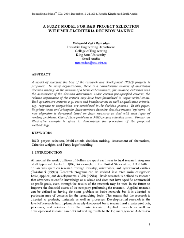 (PDF) A Fuzzy Model For R&D Project Selection With Multi-Criteria ...