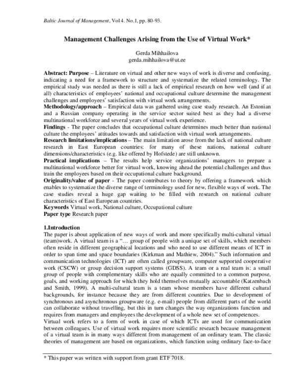 (PDF) Management challenges arising from the use of virtual work