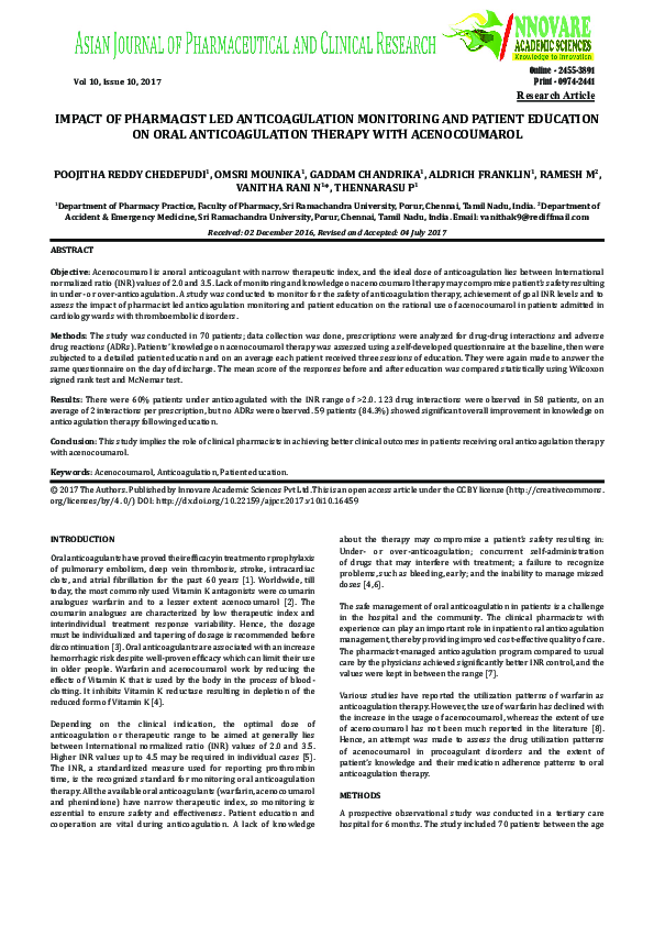 (PDF) Impact of Pharmacist Led Anticoagulation Monitoring and Patient