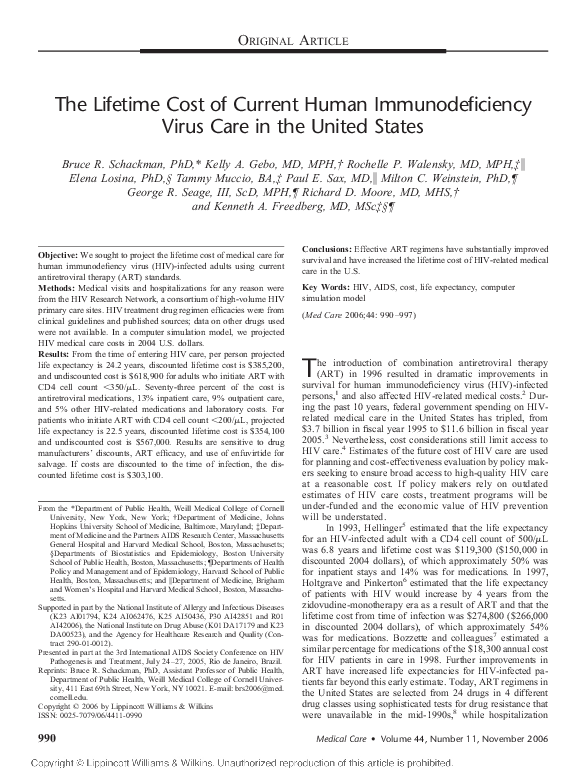 (PDF) The Lifetime Cost of Current Human Immunodeficiency Virus Care in ...