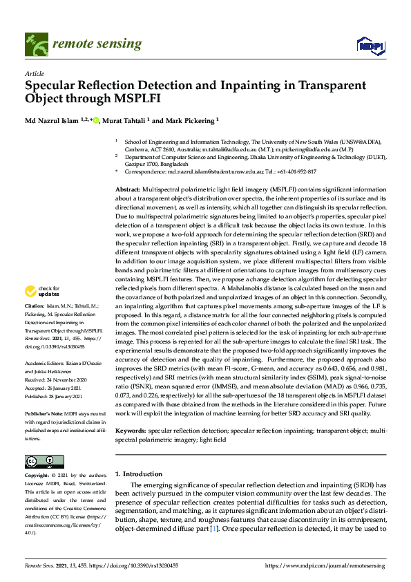 (PDF) Specular Reflection Detection and Inpainting in Transparent