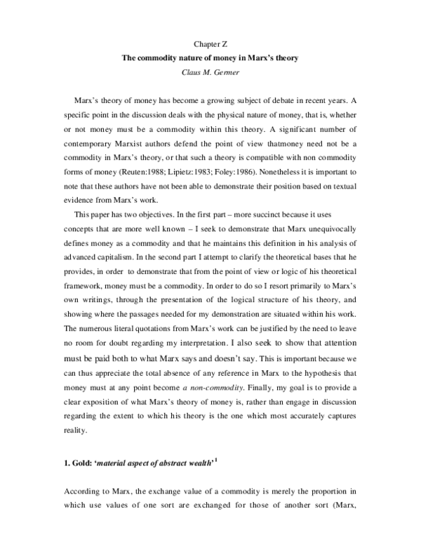 (PDF) The Commodity Nature of Money in Marx’s Theory