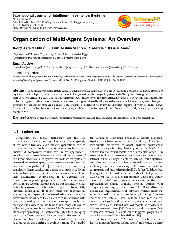 (PDF) Organization of Multi-Agent Systems: An Overview