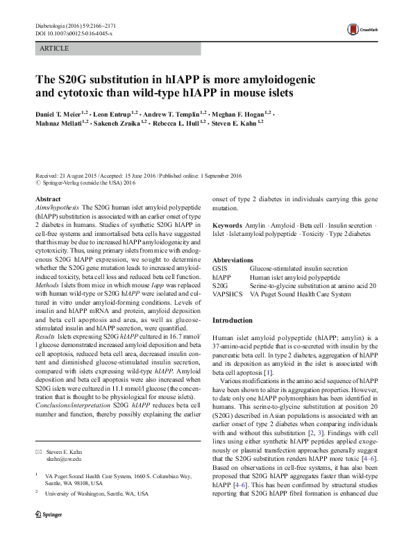(PDF) The S20G substitution in hIAPP is more amyloidogenic and ...