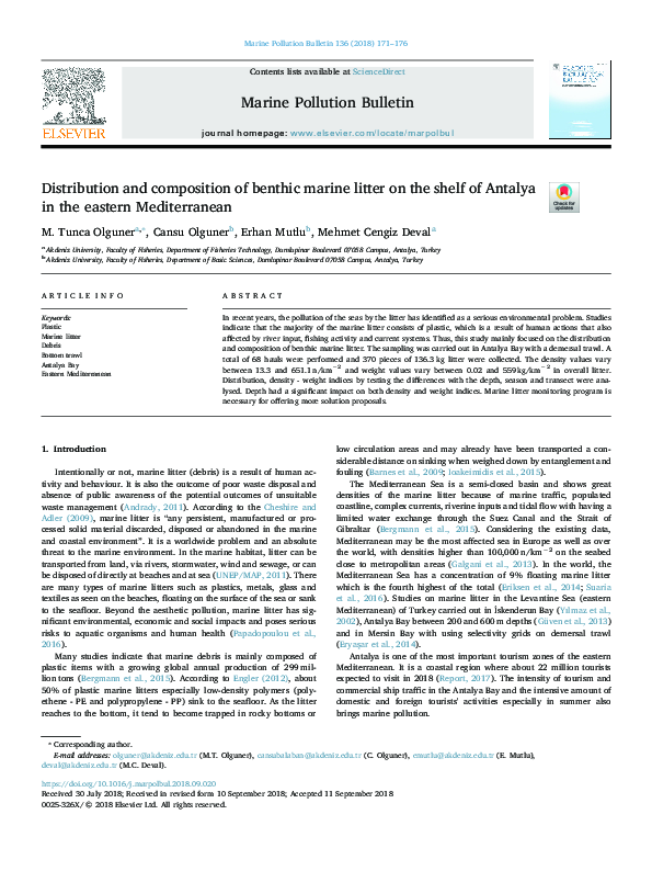 Distribution and composition of benthic marine litter on the shelf of Antalya in the eastern Mediterranean