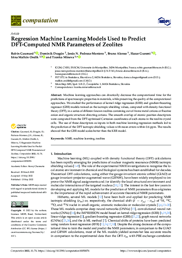 (PDF) Regression Machine Learning Models Used to Predict DFT-Computed ...