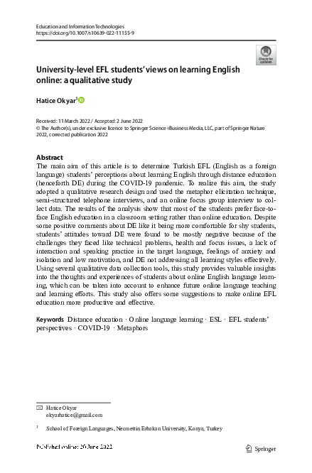 (PDF) University-level EFL students' views on learning English online ...