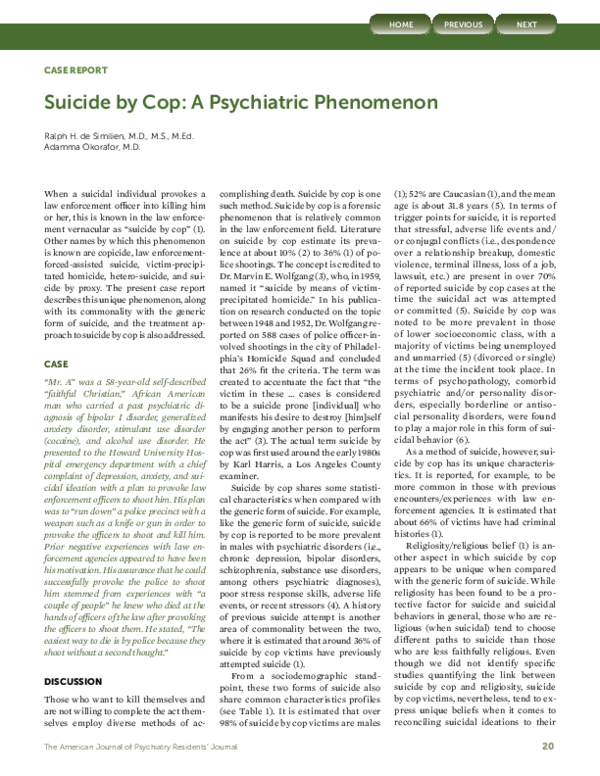 (PDF) Suicide by Cop A Psychiatric Phenomenon Ralph H de Similien