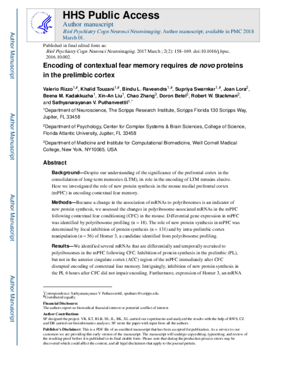(PDF) Encoding of Contextual fear Memory Requires de novo Proteins in ...